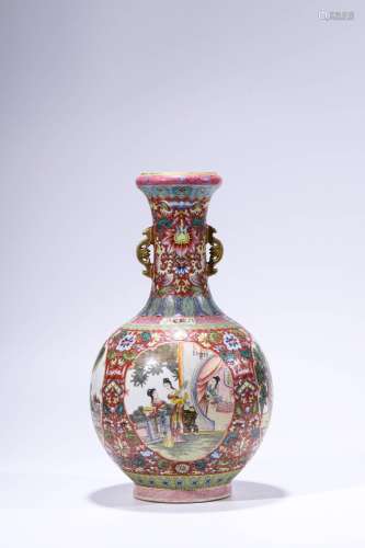 A famille rose pink ground figure porcelain vase with bat-sh...