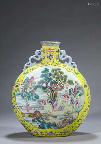 A yellow ground famille rose figure porcelain moon flask