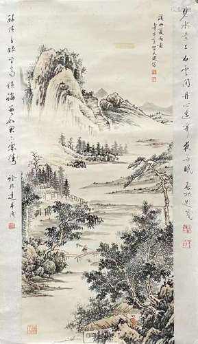 A Chinese landscape hanging scroll painting, He Tianjian mar...