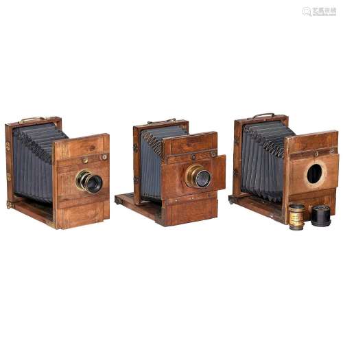 3 Tailboard Cameras 13 x 18 cm, c. 1900