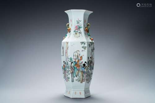 A Chinese hexagonal qianjiang cai vase signed Cai Yun Xuan a...