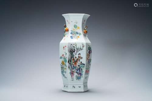 A Chinese hexagonal qianjiang cai vase signed Hong Buyu and ...