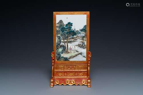 A Chinese famille rose table screen with a winter landscape ...