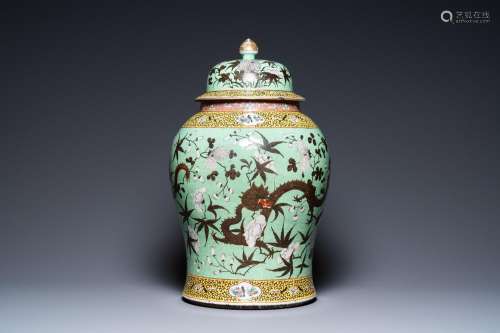 A large Chinese 'Dayazhai' green-ground vase and cover, 19th...