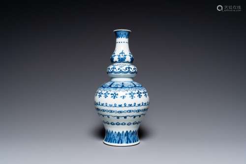 A Chinese blue and white triple gourd vase, Jiajing mark, Qi...