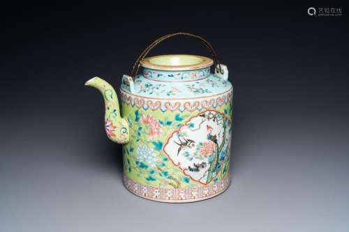 A large Chinese famille rose lime green-ground teapot for th...