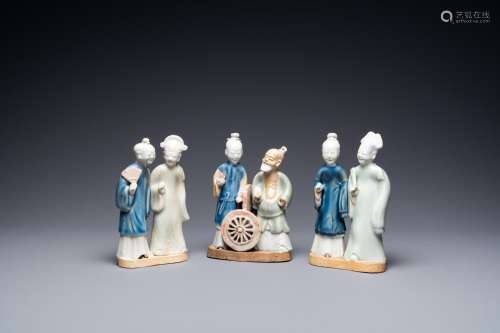 Three Chinese blue and white and celadon-glazed groups, Qian...