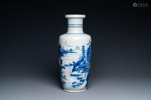 A Chinese blue and white rouleau vase with figures in a moun...