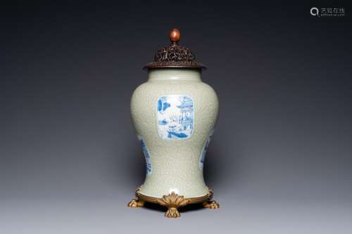 A Chinese celadon-glazed 'lotus scroll' vase with blue, whit...