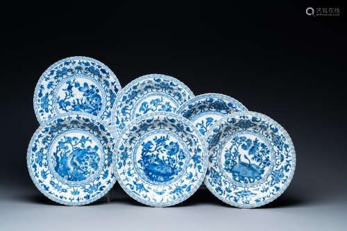 Six Chinese blue and white lobed dishes, Kangxi