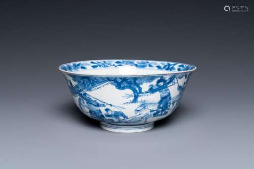 A Chinese blue and white 'battle scene' bowl, Chenghua mark,...