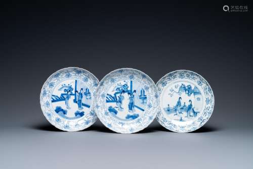 Three Chinese blue and white plates, Chenghua and Jiajing ma...