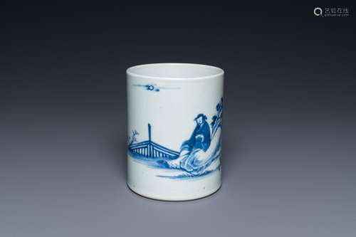 A Chinese blue and white 'bitong' brush pot with a scholar n...