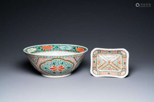 A large Chinese wucai bowl and a rectangular dish, Kangxi an...