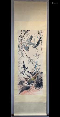 A Vertical-hanging Bird Chinese Ink Painting by Tang Yun