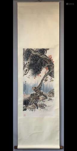 A Vertical-hanging Monkey Chinese Ink Painting by Cheng Zhan...