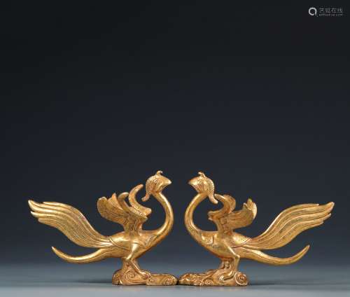 The Chinese Qing Dynasty A Pair of  Guilt Bronze Phoenix Orn...