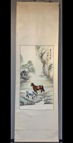 A Vertical-hanging Horse Chinese Ink Painting by Pan Zuo