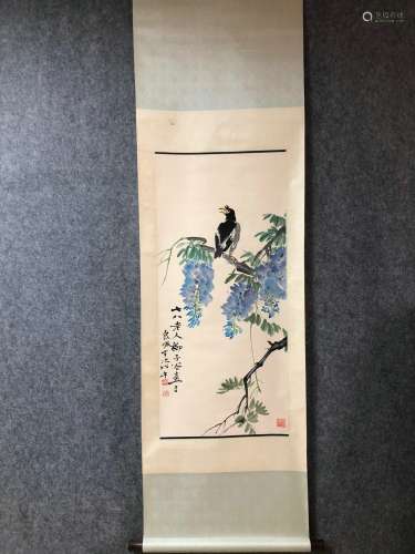 A Vertical-hanging Flower and Butterfly Chinese Ink Painting...