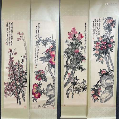 A Flowers Screen of Four Pieces by Wu Changshuo