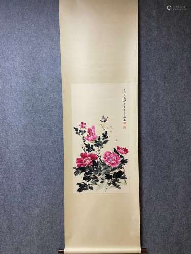 A Vertical-hanging Flowers Chinese Ink Painting by Wang Xuet...