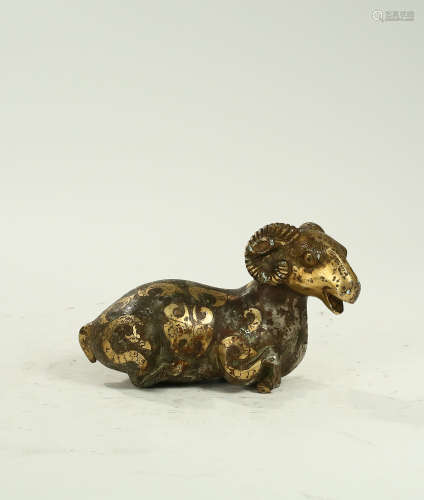 The Chinese Qing DynastyCopper Inlaying Gold Silver Goat Orn...
