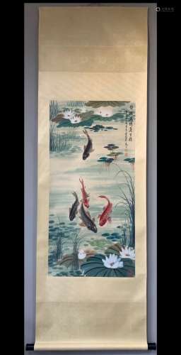 A Vertical-hanging Fish Chinese Ink Painting by Wu Qingxia