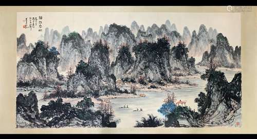 A Horizantal-hanging Landscape Chinese Ink Painting by Guan ...