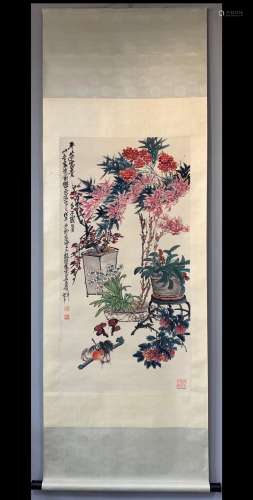 A Vertical-hanging Flowers Chinese Ink Painting by Wu Changs...