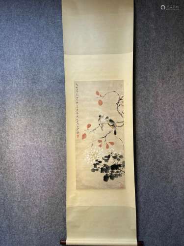 A Vertical-hanging Flower and Bird Chinese Ink Painting by T...