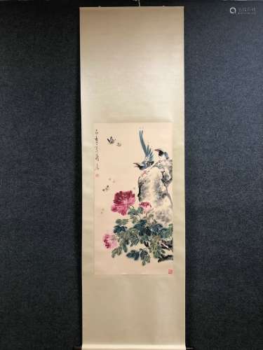 A Vertical-hanging Flower and Bird Chinese Ink Painting by W...