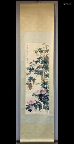 A Vertical-hanging Flowers Chinese Ink Painting by Wang Xuet...
