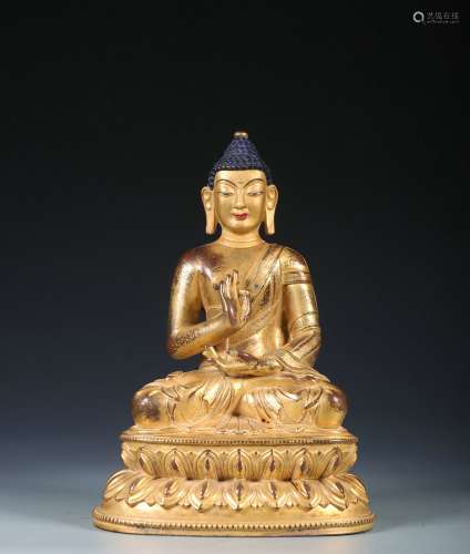 The Chinese Qing Dynasty Copper Gilt Gold Sakyamuni Statue O...
