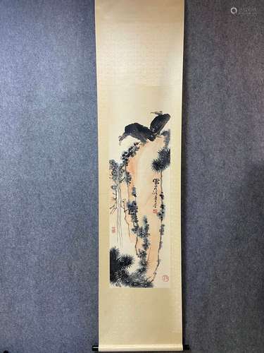 A Vertical-hanging Eagle Chinese Ink Painting by Pan Tiansho...