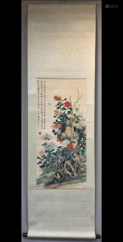 A Vertical-hanging Flowers Chinese Ink Painting by Zhou Lian...
