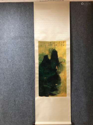 A Vertical-hanging Green Landscape Chinese Ink Painting by Z...