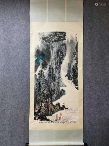 A Vertical-hanging Landscape Chinese Ink Painting by Qin Lin...