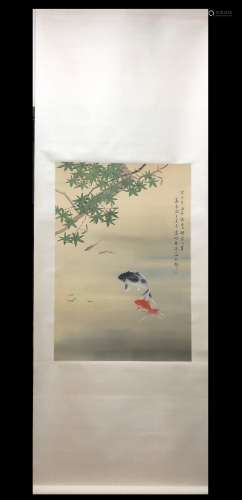 A Vertical-hanging Fish Chinese Ink Painting by Wu Qingxia