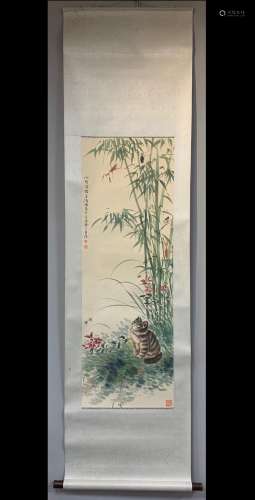 A Vertical-hanging Cat Chinese Ink Painting by Cao Kejia and...
