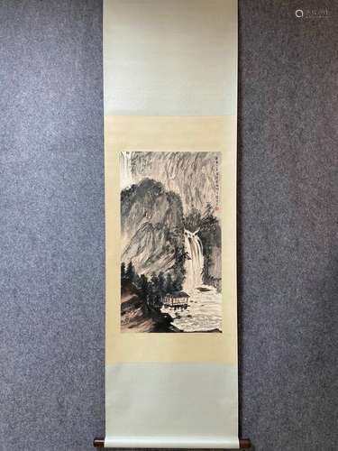 A Vertical-hanging Landscape Chinese Ink Painting by Fu Baos...