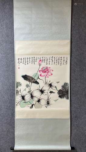 A Vertical-hanging Lotus Flower Chinese Ink Painting by Jia ...