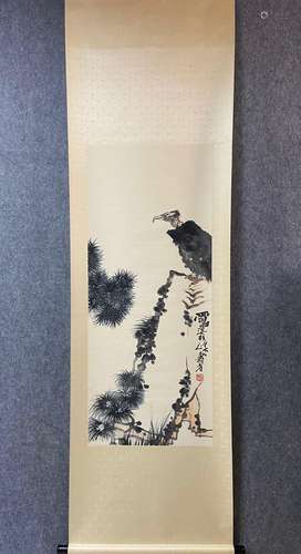 A Vertical-hanging Eagle Chinese Ink Painting by Pan Tiansho...