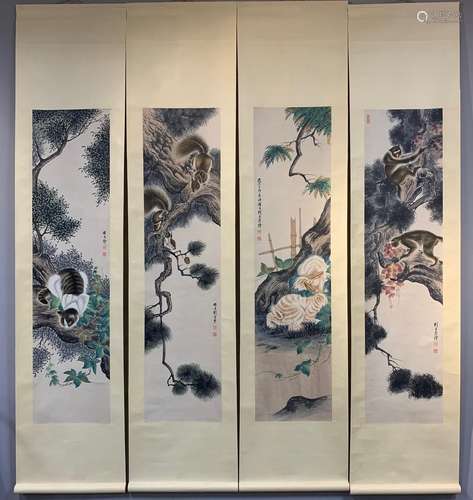 An Animal Screen of Four Pieces by Liu Kuiling