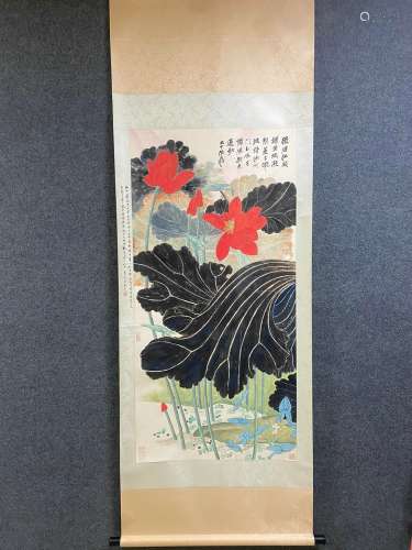 A Vertical-hanging Lotus Chinese Ink Painting by Zhang Daqia...