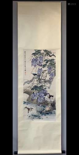 A Vertical-hanging FLower and Bird Chinese Ink Painting by J...
