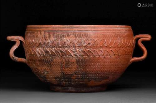 FINE TERRA SIGILLATA BOWL WITH TWO HANDLES