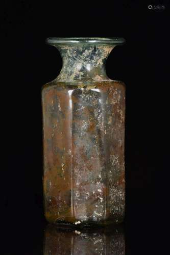 ANCIENT ROMAN GLASS FLASK WITH CROSS