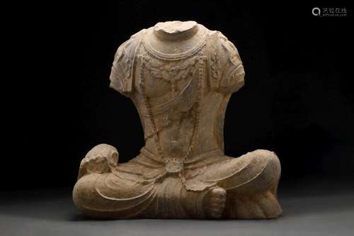 CHINESE TANG DYNASTY STONE SEATED BODHISATTVA