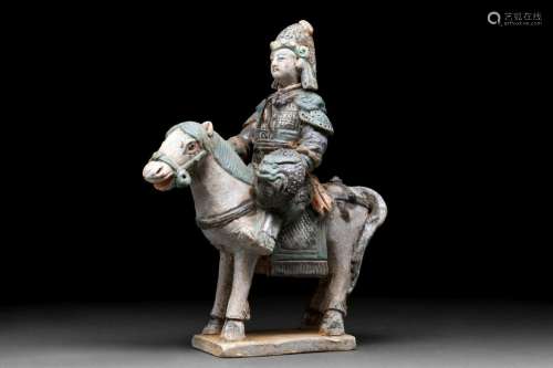 CHINESE MING DYNASTY GLAZED TERRACOTTA SOLDIER ON HORSE