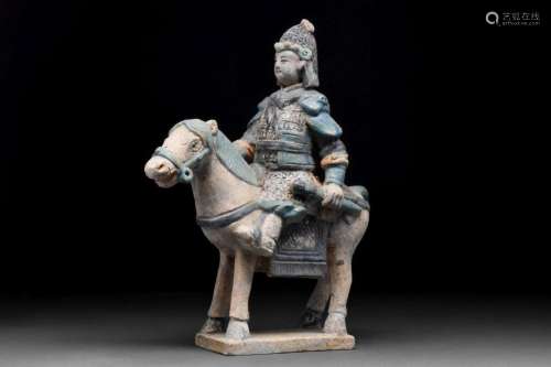 CHINESE MING DYNASTY GLAZED TERRACOTTA SOLDIER ON HORSE